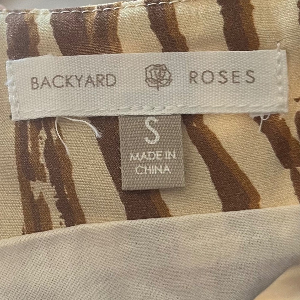 Backyard Roses Ryder Midi Dress Womens Tan Brown Abstract Print Ruched Cinch S - Picture 8 of 9